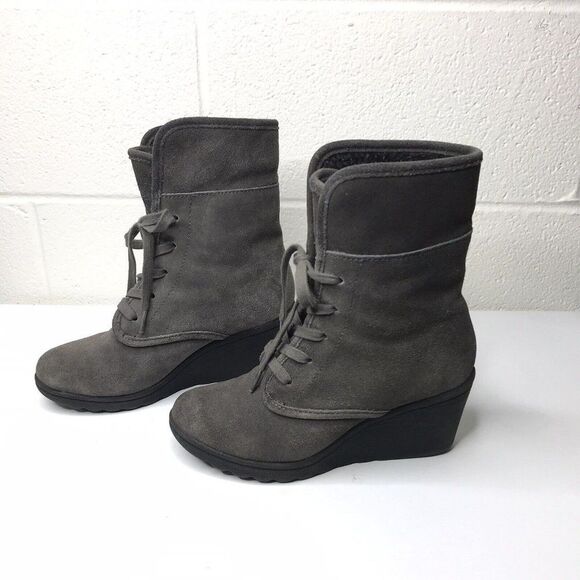 White Mountain Koko Wedge Ankle Boots Suede Charcoal Leather Lace Ties Size 6.5M - Picture 3 of 12